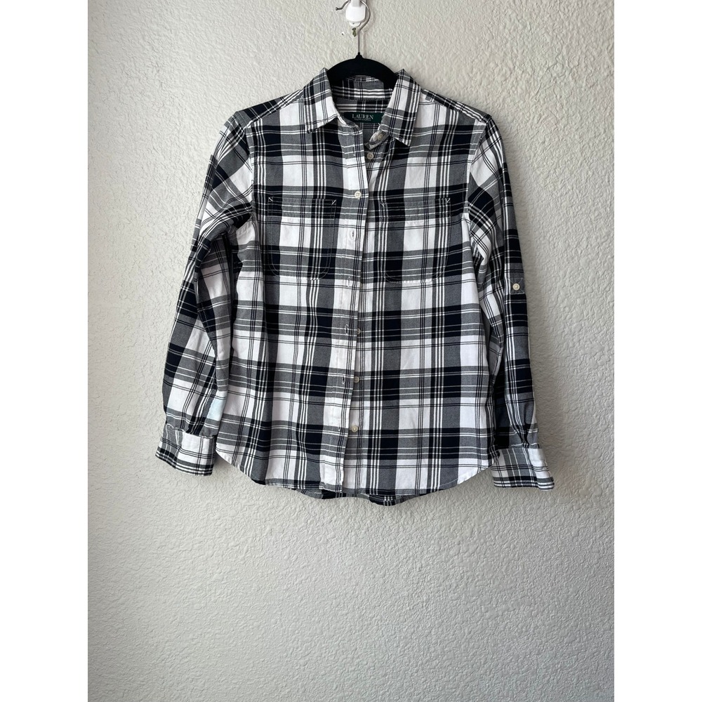 Lauren Ralph Lauren Plaid Button‎ Down Shirt Roll Tab Sleeves Black White PS